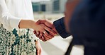 B2b, zoom and business people in a city with handshake in support of deal, collaboration or partnership. Welcome, shaking hands and team with thank you, hello or success, deal or hiring negotiation 