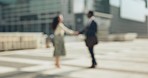 B2b, blur and business people in a city with handshake in support of deal, collaboration or partnership. Welcome, shaking hands and team with thank you, hello or success, deal or hiring negotiation 