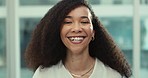 Business woman, face and laughing of a lawyer in a office with job pride and confidence at law firm. Staff, employee and female professional happy and ready to start working with attorney portrait