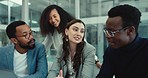 Business meeting, teamwork and people on computer for planning, financial strategy and manager presentation. Employees listening to sales pitch, group advice and accounting help or feedback on laptop