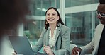 Business meeting, team collaboration and happy woman listening to funny joke, conversation or proposal idea. Strategy communication, corporate group and professional person smile at company employees