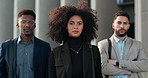 Face, business people and team outdoor with lawyer confidence, corporate legal group and serious at court. Employees, collaboration and diversity at law firm, portrait and work together with pride