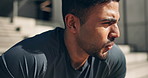 Man, face and catch breathe from workout, exercise or training on stairs with closeup and tired. Fitness, person and portrait with catching breathe or break from running, cardio or relax in nature