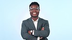 Happy, face and business man with arms crossed in studio with confidence or positive mindset on blue background. Smile, portrait and African guy entrepreneur with job or career, pride or professional