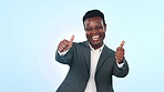 Face, excited and a black man with a thumbs up on a studio background for corporate success. Smile, thank you and portrait of an African employee with an emoji gesture on mockup space for a like