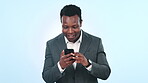 Businessman, phone and opportunity in studio with happy smile, excitement or winning. Black professional person, career news and online communication for future growth, company discussion or excited