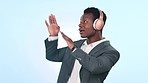 Man, dancing and listening to music on headphones, singing and relax or fun on break. Happy black business person, streaming radio and audio or song, sound and inspiration or motivation for corporate