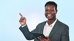 Black man, tablet and pointing at presentation for business, digital information and learn on blue background. Portrait, corporate seminar and project ideas, website ads and communication in studio