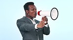 Black man in business, megaphone and announcement with speaker, noise and empowerment on blue background. Loud, sound and corporate employee with protest or chant for workplace equality in studio