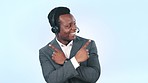 Call center business, happy black man and point telemarketing information, customer care or telecom decision. Dont know shrug, studio mockup space and portrait consultant advice on blue background