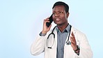 Phone call, frustrated doctor and man talk, consulting and conflict in studio isolated on blue background mockup. Smartphone, angry African healthcare worker and stress in conversation for telehealth