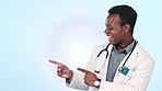 Happy black man, doctor and pointing in marketing or advertising against a studio background. Portrait of excited African male person, healthcare or medical professional show deal or alert on mockup