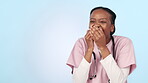 Healthcare, doctor and woman in studio laughing for comic joke, positive mindset or funny meme on blue background. Medical, professional and person with happiness and fun discussion or conversation