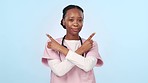 Black woman, nurse and pointing hands on studio for healthcare option, decision and solution on blue background. Portrait, doctor and medical professional with choice, opportunity and mock up space