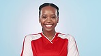 Confidence, happy and face of woman athlete in a studio for match, game or sports tournament. Smile, excited and portrait of young African female soccer player or captain isolated by white background