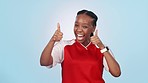 Dance, thumbs up and face of woman athlete in a studio in celebration for match, game or tournament win. Smile, excited and portrait of young African female soccer player winner by white background.