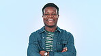 African man, happiness and pride in studio with blue background, arms folded and portrait of smile. Black guy, power attitude and success with body language, achievement and laughter in event mockup