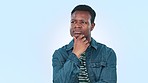 Thinking, black man and ideas with doubt, solution and problem solving on a blue studio background. African person, guy and model with planning, confused and questions with why,  and brainstorming