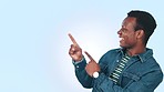 African man, hand signs and happiness in studio with blue background, gesture and celebration. Black guy, positive attitude and success with body language, achievement and laughter for fun mockup