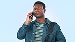 Phone call, upset and black man in studio for argument, discussion or problem with failure. Angry, mad and young African male person fighting on mobile conversation with cellphone by white background