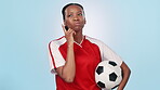 Woman, thinking and vision for career plan, finger on face and isolated in studio by blue background. Black person, brainstorm and strategy for game, competition and match with soccer ball in mockup 