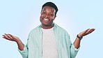 Decision, shrug and face of black man in studio with choice, options or balance expression. Happy, smile and portrait of young African male model with scale hand gesture isolated by white background.