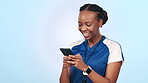 Sport, black woman and phone in studio for communication, texting and chat with technology and laughing. Fitness, coach and person with smartphone for conversation, social media or online meme