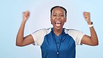 Happy black woman, soccer and fist pump in winning, celebration or success against a studio background. Excited African female person, athlete or sports player in victory, achievement or promotion