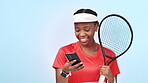 Sport, black woman and phone in studio for social media, online meme or internet scroll with technology and laughing. Fitness, tennis and person with smartphone for communication or streaming on web