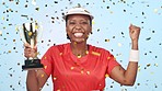 Sports woman, trophy and celebration with confetti, winning or goals with face by blue background. African athlete girl, champion and happy winner with fist, glitter or success with competition award