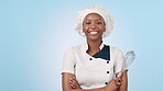 Studio smile, whisk and black woman, baker or chef pride in cooking service, restaurant career or professional bakery job. Food industry portrait, kitchen baking tools and person on blue background