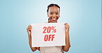 Sale, sign and face of a black woman or florist for advertising of a deal on flowers with a blue background. Happy, service and portrait of an African retail employee with a board for marketing