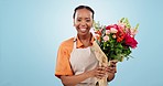 Smile, florist and black woman smell flowers in studio isolated on blue background mockup. Portrait, bouquet and entrepreneur sniff for floral scent of plants in small business shop, funny and laugh
