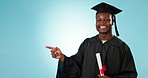 University, graduate and hand pointing by man in studio with checklist, timeline or info on blue background. Education, presentation and portrait of African guy student show sign up or learning offer