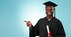 Education, university and hand pointing by man in studio with checklist, timeline or info on blue background. Graduate, presentation and portrait of African guy student show sign up or learning offer