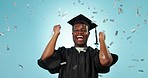 Graduation confetti, education and black man celebrate excited and cheers for university graduate success. Energy, student learning portrait and diploma winner for college progress on blue background