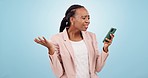 Phone, fail and black woman in studio confused at glitch, 404 or problem. Smartphone, network error and business professional frustrated on mobile app scam isolated on a blue background mockup space