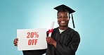 Graduation, sales poster and studio black man with university graduate promo, study discount or college sign. Learning portrait, 20 percent and student happy for academy billboard on blue background
