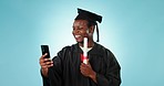 Graduation, phone video call and studio black man conversation on university graduate success. College achievement news, smartphone and student show diploma, certificate or degree on blue background
