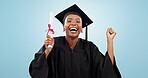 Woman, student and graduation success, celebration of education, college diploma or university goals in studio. Excited face of african graduate with certificate, dance and yes on a blue background