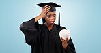 Graduation student, piggy bank and stress for savings, university loan or funding mistake in studio. Black woman or graduate with financial worry, budget and confused or headache on a blue background