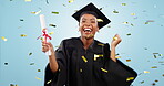 Graduation, woman student and confetti celebration, success and achievement of college or university in studio. Face, dance and African graduate with award or diploma in education on blue background