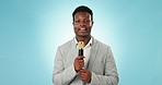 Reporter, face and news, black man with mic with broadcast and live stream isolated on blue background. Journalist, information and announcement, press and media with talk show and story in studio