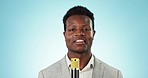 Reporter, news and portrait, black man and mic with communication and live stream on blue background. Journalist, information and announcement, press and media with talk show and story in studio