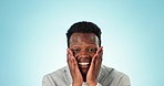 Excited, perfect and face of black man for business, corporate success and achievement. Happy, wow and portrait of an African businessman or employee with promotion announcement on a blue background