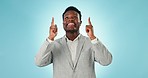 Business man, face and pointing up to deal, advertisement and announcement in studio. Black male professional, sale and choice with blue background and mockup space for promotion and information