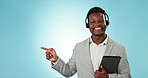 Black man, telemarketing and face with pointing to web help and advertising for call center. Studio, blue background and crm communication with customer support and promo with consultant working