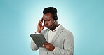 Black man, tablet and call center with headache in mistake, stress or debt against a blue studio background. African businessman, consultant or agent with technology in anxiety, stress or bankruptcy