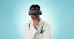 Black man, doctor and virtual reality for digital healthcare, scroll and press on screen with thinking on blue background. Innovation, futuristic and holographic medical info with solution in studio