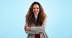 Laugh, crossed arms and business woman in studio with smile, happy and confidence for career. Professional, employee and portrait of person on blue background with pride, job and work opportunity